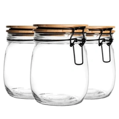 Image of Argon Tableware Glass Storage Jar with Airtight Wooden Clip Lid 750ml 6 Pack 4 Colour Seals Kitchen Container Round Preserving for Pickling, Chutney, Jam, Coffee, Oats