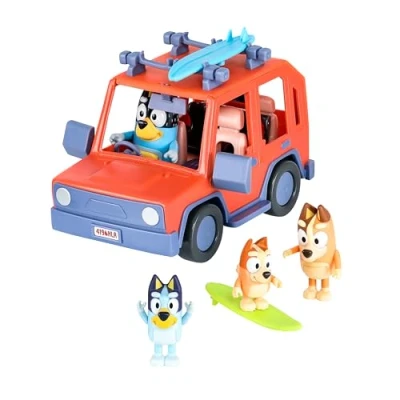 Image of Bluey Heeler Family 4WD Vehicle and 4 Figure Pack, 2.5 3 Inch Figures, 2 Surfboards Accessories Stickers Amazon Exclusive