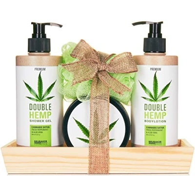 Image of BRUBAKER Cosmetics Hemp Oil Body Care and Shower Set Fresh Mint &amp; Aloe Vera with Wooden Tray (5 Pieces)