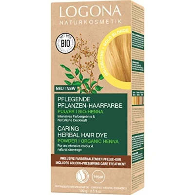 Image of LOGONA Naturkosmetik Nourishing vegetable hair colour, vegan colour powder with organic henna for intense and shine, plant in golden blonde (blonde), 1 x 100 g