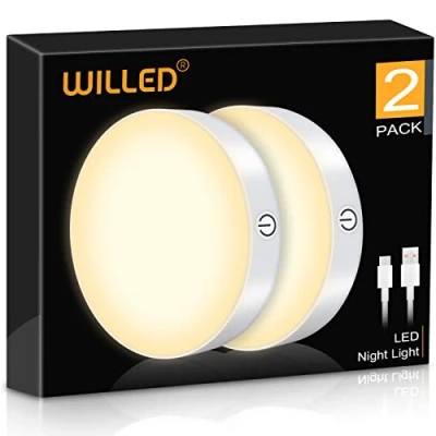 Image of WILLED 3000K Dimmable Touch Lights, Battery Rechargeable Tap Magnet Stick on Closet Light, Portable LED Puck Night Lights for Cabinet, Wardrobe, Counter, Kitchen, Bedroom (2 Pack)