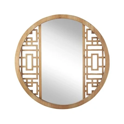 Image of Beliani Round Wall Mirror Light Wooden Frame 60 cm Geometric Mid Century Firminy