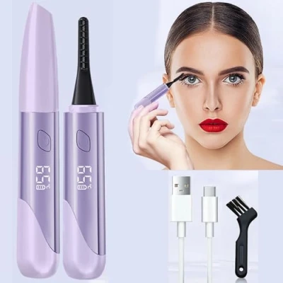 Image of Heated Eyelash Curler, USB Rechargeable Electric 15s Quick Heat, 4 Gear Temperature Control with LED Display Mini Eye Lash Curler for Women Girlsink (Purple)