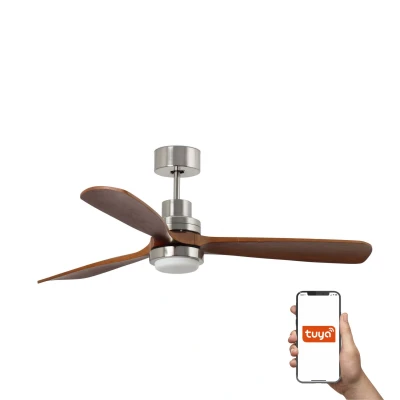 Image of Lantau XL 3 Blade Ceiling Fan Satin Nickel, Walnut with Light 3000K Tuya Smart System