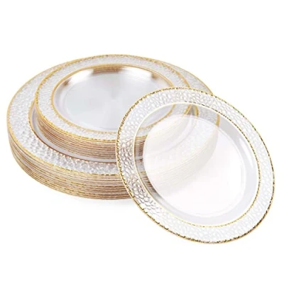 Image of MATANA 80 Premium Clear Plastic Plates with Hammered Gold Rim 40 26cm Dinner Plates, 19cm Dessert Elegant &amp; Reusable Party for Weddings, Birthdays, BBQ, Parties