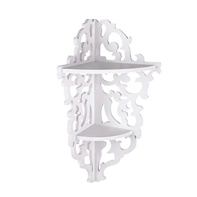 Image of Corner Shelf Wall Mounted, 2 Tier Small Carved White Filigree Shelves Floating Shabby Chic for Living Room Bedroom Kitchen Office