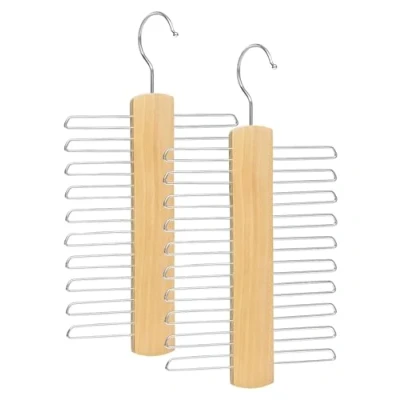 Image of Tie Hanger Wooden Hangers Wardrobe Organiser Stylish Hanging Storage Rack With 20 Chrome Bars Swivel Hook for Tie, Belt, Scarf Beech Wood (Pack of 2 Wood)