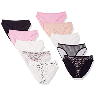 Image of Amazon Essentials Women&#039;s Cotton High Leg Brief Underwear (Available in Plus Size), Pack of 10, Checked/Dots/Floral/Multicolour, 16