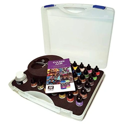Image of Acrylicos Vallejo Basic Game Air Colors with Airbrush Set, Black, 34 Piece Set