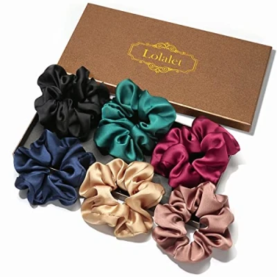 Image of Lolalet Scrunchies for Women Girls, Satin Hair Softer Than Silk Ties, Big Scrunchy Ponytail Holder with Elastic Bands Thick Thin Curly 6 Pack, Style D