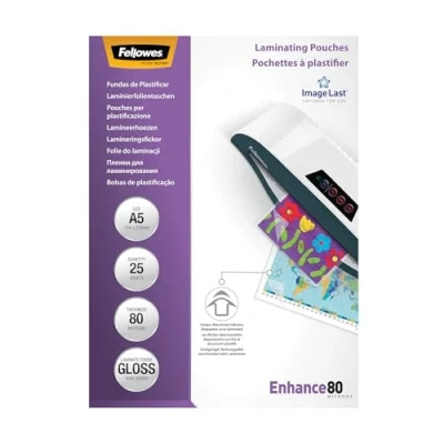 Image of Fellowes A5 Laminating Pouches, Gloss Finish, 25 Sheets, 160 Micron (2 x 80 Micron) High Quality Finish with Image Last Directional Mark Ideal for Photos and Notices