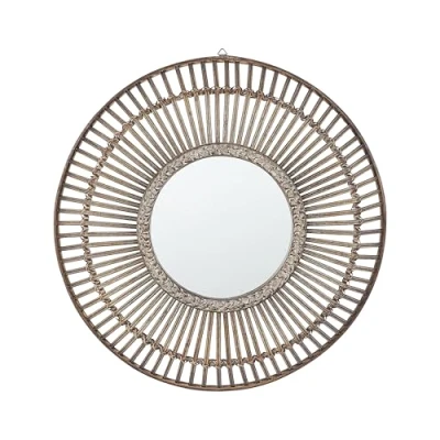 Image of Beliani Round Wall Mirror Dark Wood Bamboo Frame 66 cm Handmade Weave Blasito