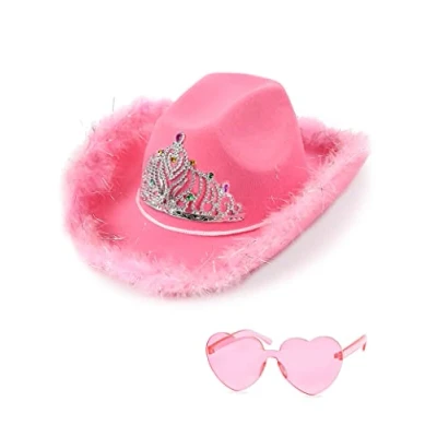 Image of JIANGLAI Cowboy Hat with Heart Shaped Sunglasses, Feather Cowgirl for Halloween, Bachelorette Party (Pink)