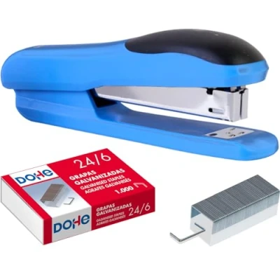 Image of Dohe Stapler with 1000 24/6 Staples Size 4x6x15cm, Capacity 20 Sheets, Supports 150 Office Supplies Blue