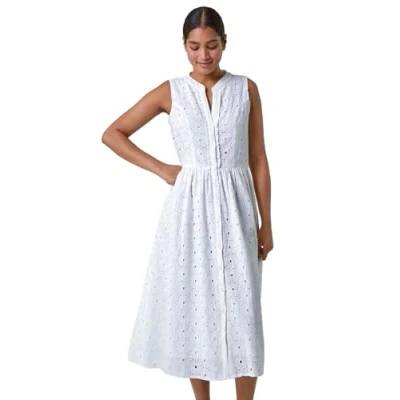 Image of Roman Womens Floral Cotton Broderie Midi Dress White Size 16 UK