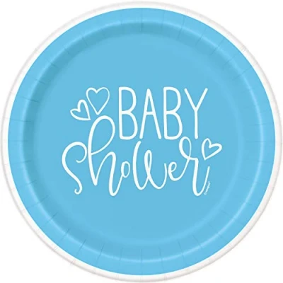 Image of Unique 73384EU Eco Friendly Paper Plates 18 cm Blue Hearts Baby Shower 8 Count (Pack of 1), Multicolour