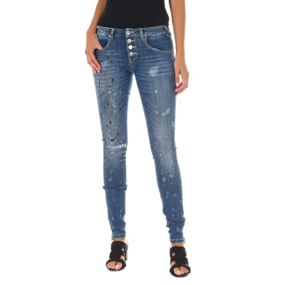 Image of Met Womens Long Denim Pants worn and torn effect 10DB50262 woman Blue Cotton Size 25 (Waist)