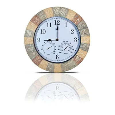 Image of Sandstone Effect 13 inch Outdoor/Indoor Wall Clock with Thermometer &amp; Hygrometer. Garden, Patio Clock. Outdoor Clocks. Waterproof