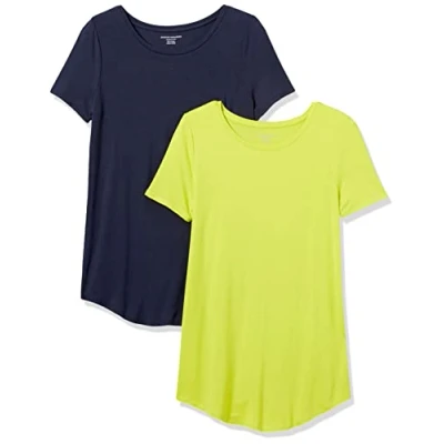 Image of Amazon Essentials Women&#039;s Short Sleeve Scoopneck Tunic, Pack of 2, Navy/Lime Green, S