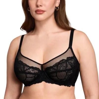 Image of DOBREVA Women&#039;s Lace Full Coverage Minimiser Bra Unlined Underwire See Through Plus Size Black 34E