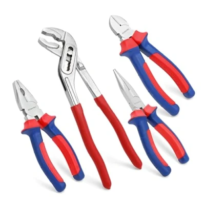 Image of WORKPRO 4 Piece Pliers Set, 245mm Water Pump Plier, 160mm Long Nose Combination Side Cutter, Bi Material Soft Handle, for DIY Household Repair
