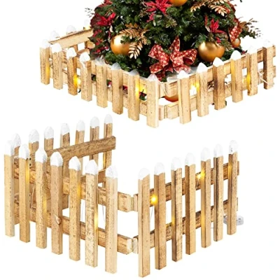 Image of URBNLIVING Pre Lit LED Light Up Wooden Snow Topped Christmas Tree Picket Fence Xmas Skirt Stand Border Decoration (2, 90cm L x 2cm D 10cm H)