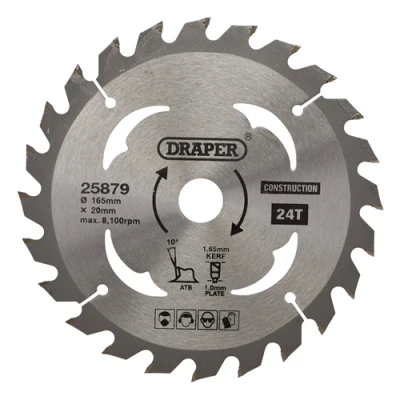 Image of Draper TCT Cordless Construction Circular Saw Blade for Wood &amp; Composites, 165 x 20mm, 24T