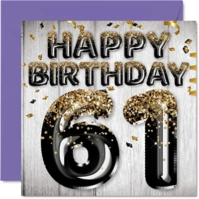 Image of 61st Birthday Card for Men Black &amp; Gold Glitter Balloons Happy Cards 61 Year Old Man Dad Grandad Grandpa Gran Uncle, 145mm x Sixty One First Bday Greeting Gift