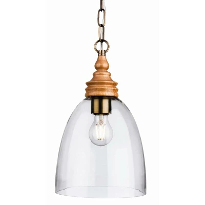 Image of Comet 1 Light Dome Ceiling Pendant Natural Wood with Clear Glass, E27