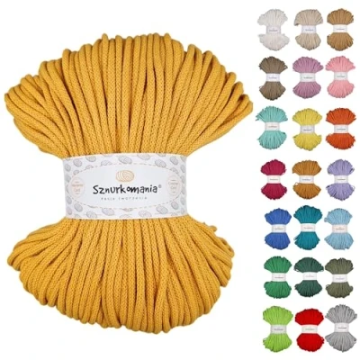 Image of Braided Cotton Cord 5 mm 100 m, 46 Colours, Crochet Cord, Macrame Yarn, Premium Rope, Sznurkomania (Yellow)