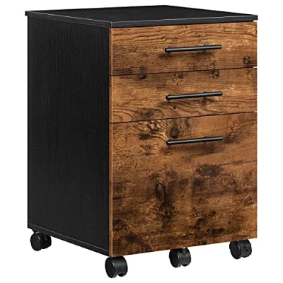Image of HOOBRO Filing Cabinet, 3 Drawer File Office Cabinet for Home Office, Mobile Pedestal on 5 Wheels, Rustic Brown and Black EBF02WJ01G1