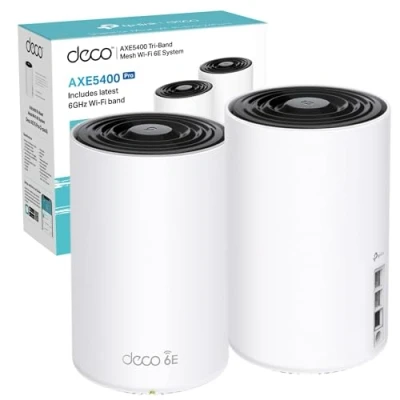 Image of TP Link Deco XE75 Pro AXE5400 Whole Home Tri Band WiFi 6E Mesh System, 1x 2.5 Gbps Port + 2x Gigabit Ports, AI Driven Mesh, cover up to 2,900 ft2, Connect 200 devices, HomeShield, 8K, Pack of 2