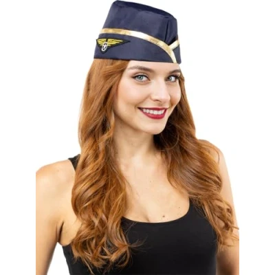 Image of Funidelia Air Hostess Hat for woman Flight Attendant, Pilot, Professions accessories adults, costume Dark blue