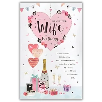 Image of Wife Birthday Card Beautiful Champagne and Balloons Design Special Finishes Illustrated Insert Leaf Made in the UK
