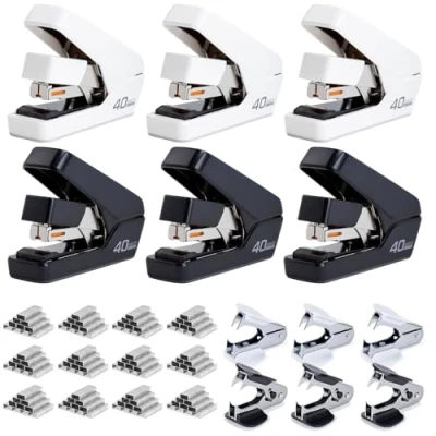 Image of Effortless Desktop Stapler, 6 Pack Heavy Duty 40 Sheet Capacity, One Finger, No Effort, Includes Staples &amp; Staple Remover, Black&amp;White