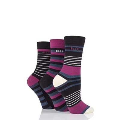 Image of Women&#039;s 3 Pair Elle Plain, Striped and Patterned Cotton Socks with Smooth Toes Black/Blackbird Stripe 4 8 Ladies