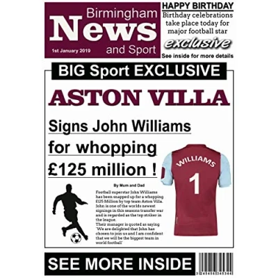 Image of Personalised Aston Villa Newspaper Football Birthday Card (19 20)