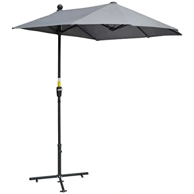 Image of Outsunny 2m Half Parasol Market Umbrella Garden Balcony with Crank Handle, Cross Base, Double Sided Canopy, Dark Grey