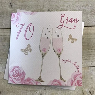 Image of Happy 70th Birthday Card Gran Champagne Glasses Pink Roses by White Cotton Cards SS42 GRAN70