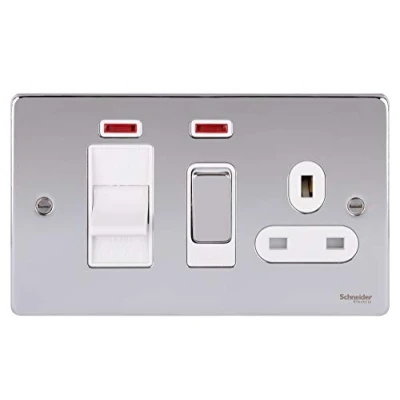 Image of Schneider Electric Ultimate Low Profile Switched Cooker Control Unit with Single Power Socket, Neon Indicator, 45A, GU4501WPC, Polished Chrome White Insert