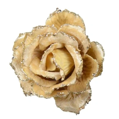 Image of Christmas Tree Decoration Clip on Rose Flower 10cm Fabric with Glitter Wedding (Champagne Gold 5773)