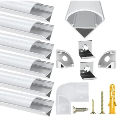 Image of 6 Pack LED Aluminum Profile, 1Meter/3.3ft V Shape Channel, Profile with Milky White Cover. Channels and Diffusers End Caps, Mounting Clips Corner Connectors