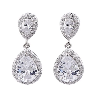 Image of Clip On Earrings Silver Plated Drop With Clear Crystals And Stones Martha