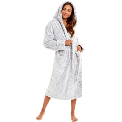 Image of KATE MORGAN Ladies Dressing Gown Fluffy Super Soft Hooded Bathrobe for Women Plush Fleece Perfect Loungewear Long Robe Gifts XL Grey