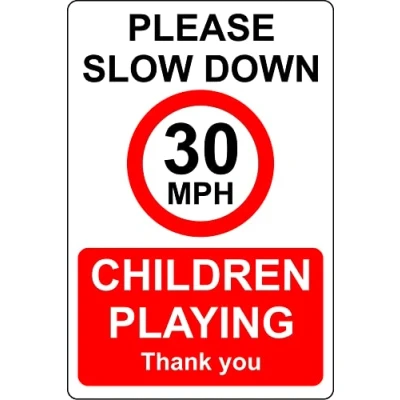 Image of Please slow down 30 mph speed limit children playing Road Safety sign 1mm Plastic (600mm x 400mm)