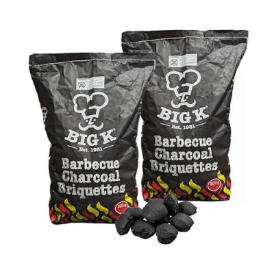 Image of TOPLINE Big K Charcoal BBQ Grill Bundle Pack of 2 x 10kg Barbecue Briquettes Bags &amp; Homefire Twizlers Wood Firelighters 300g with Card for Barbeque Grill, Camping BBQs., Black, 60 40 (CB22)