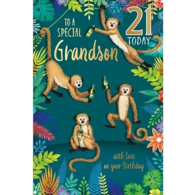 Image of Carte Blanche Special Grandson 21st Milestone Birthday Card Age 21 Monkeys in the Jungle with Embosseed Foil Details Eco Friendly