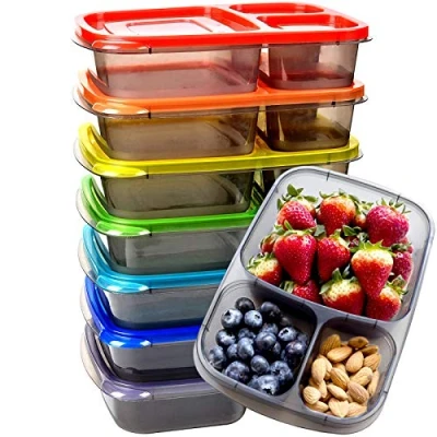 Image of Youngever 7 Pack Hard Bento Lunch Box, Stackable Meal Prep Containers, Re usable 3 Compartment Plastic Divided Food Storage Container (Rainbow)