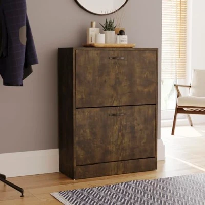 Image of Vida Designs 2 Drawer Shoe Cabinet Cupboard Storage Pull Down Organisation Organiser Wooden Furniture Unit (Dark Wood)