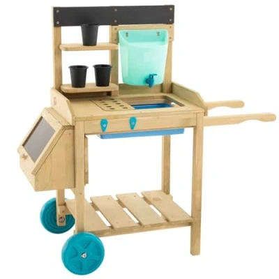Image of TP Toys Wooden Deluxe Potting Bench Includes Pots, Water Butt And Splash Tray. Viewing Window So Children Can Peek See How Their Vegetables Are Growing, Made From FSC Certified Wood 3+ Years